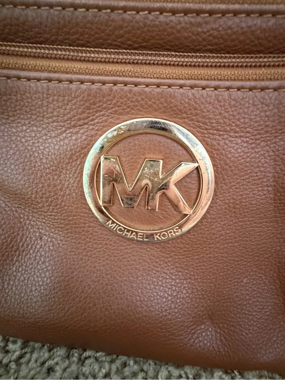 Michael Kors Chestnut Brown Leather Crossbody with Gold MK Emblem